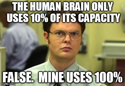 Dwight Schrute Meme | THE HUMAN BRAIN ONLY USES 10% OF ITS CAPACITY FALSE.  MINE USES 100% | image tagged in memes,dwight schrute | made w/ Imgflip meme maker