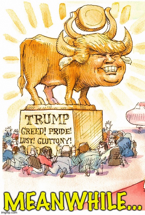 Trump Golden Calf false god | MEANWHILE... | image tagged in trump golden calf false god | made w/ Imgflip meme maker
