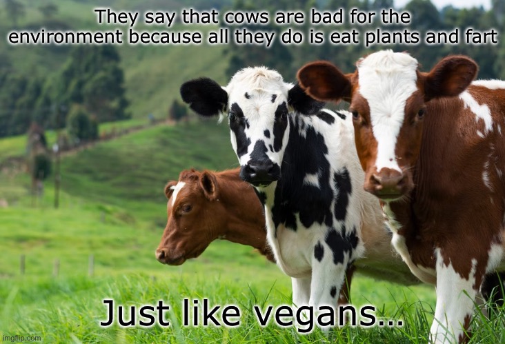 Yup | They say that cows are bad for the environment because all they do is eat plants and fart; Just like vegans… | image tagged in cows,vegans | made w/ Imgflip meme maker