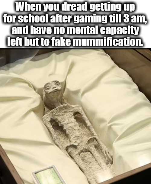 A zero % chance of fooling Mom but you have to give it a go. | When you dread getting up for school after gaming till 3 am,
and have no mental capacity left but to fake mummification. | image tagged in memes,middle school | made w/ Imgflip meme maker