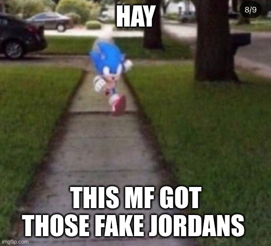 run you | HAY; THIS MF GOT THOSE FAKE JORDANS | image tagged in sonic the hedgehog | made w/ Imgflip meme maker