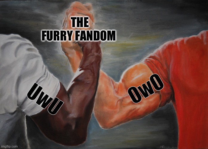 Basically The furry fandom | THE FURRY FANDOM; OwO; UwU | image tagged in memes,epic handshake | made w/ Imgflip meme maker