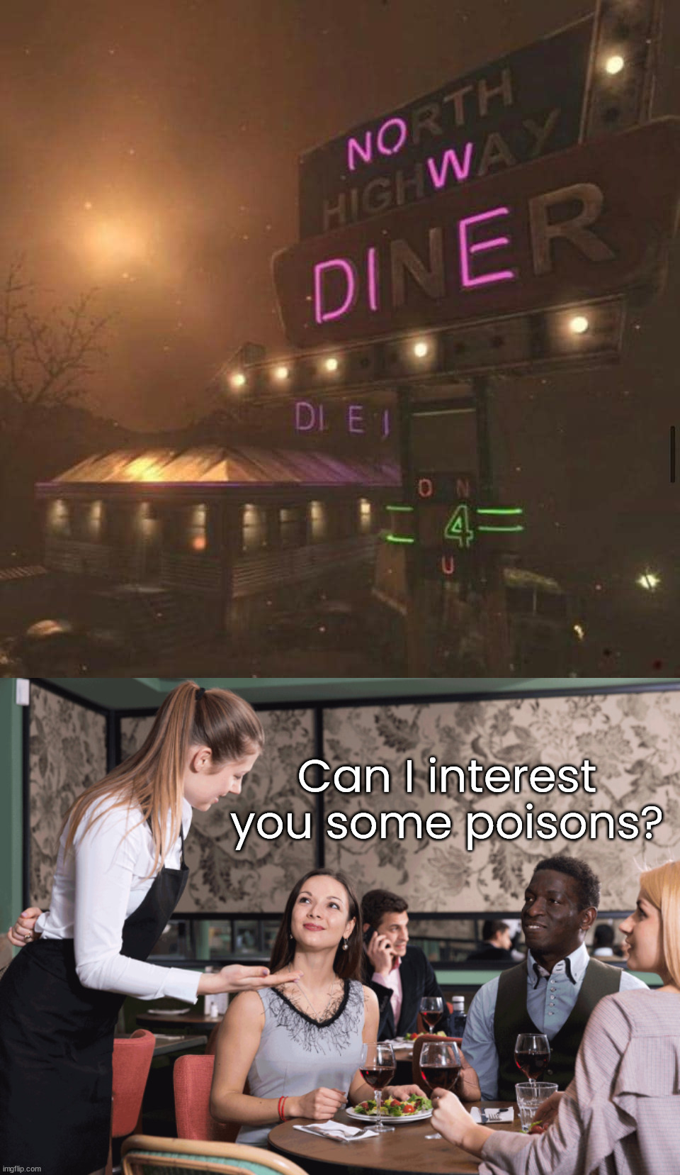 Not a good name for a restaurant | Can I interest you some poisons? | image tagged in restaurant server,restaurant,but why why would you do that | made w/ Imgflip meme maker