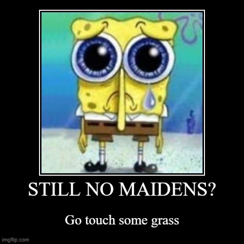 hmmm... sponge? | STILL NO MAIDENS? | Go touch some grass | image tagged in funny,demotivationals | made w/ Imgflip demotivational maker
