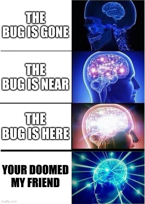 Expanding Brain Meme | THE BUG IS GONE THE BUG IS NEAR THE BUG IS HERE YOUR DOOMED MY FRIEND | image tagged in memes,expanding brain | made w/ Imgflip meme maker