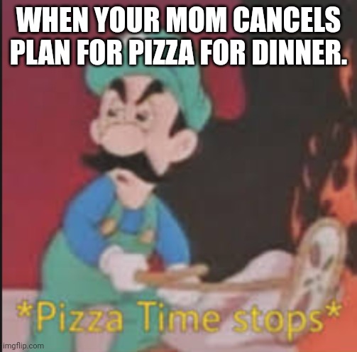 no pizza time | WHEN YOUR MOM CANCELS PLAN FOR PIZZA FOR DINNER. | image tagged in pizza time stops | made w/ Imgflip meme maker