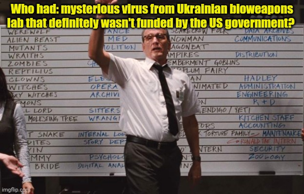 Cabin the the woods | Who had: mysterious virus from Ukrainian bioweapons lab that definitely wasn't funded by the US government? | image tagged in cabin the the woods | made w/ Imgflip meme maker