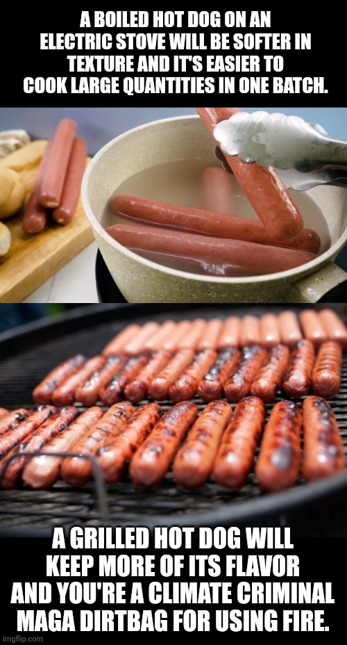 A BOILED HOT DOG ON AN ELECTRIC STOVE WILL BE SOFTER IN TEXTURE AND IT'S EASIER TO COOK LARGE QUANTITIES IN ONE BATCH. A GRILLED HOT DOG WILL KEEP MORE OF ITS FLAVOR AND YOU'RE A CLIMATE CRIMINAL MAGA DIRTBAG FOR USING FIRE. | image tagged in hot dog,the boiler room of hell,grilling,political meme,climate change,the farce awakens | made w/ Imgflip meme maker