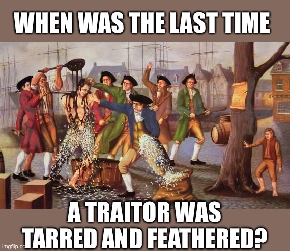 Tar and feather | WHEN WAS THE LAST TIME A TRAITOR WAS TARRED AND FEATHERED? | image tagged in tar and feather | made w/ Imgflip meme maker