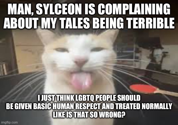 *takes | MAN, SYLCEON IS COMPLAINING ABOUT MY TALES BEING TERRIBLE; I JUST THINK LGBTQ PEOPLE SHOULD BE GIVEN BASIC HUMAN RESPECT AND TREATED NORMALLY
LIKE IS THAT SO WRONG? | image tagged in cat | made w/ Imgflip meme maker