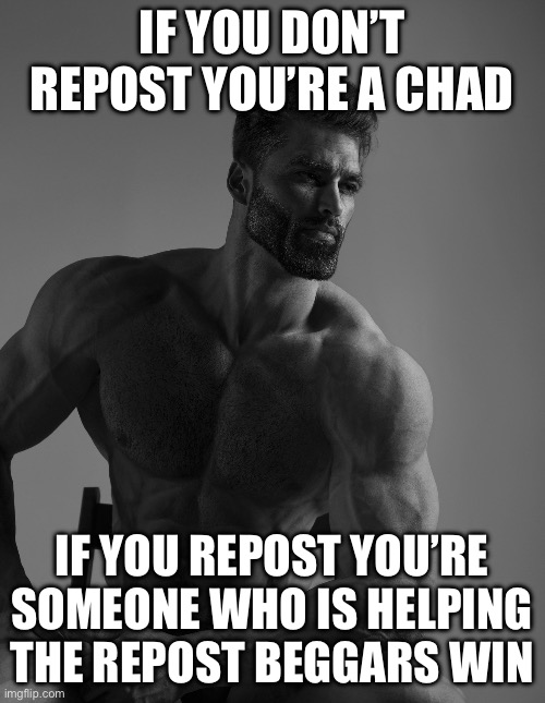 Giga Chad | IF YOU DON’T REPOST YOU’RE A CHAD IF YOU REPOST YOU’RE SOMEONE WHO IS HELPING THE REPOST BEGGARS WIN | image tagged in giga chad | made w/ Imgflip meme maker