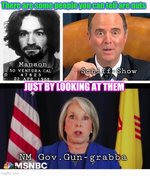NutJobs | There are some people you can tell are nuts; Manson; Schiff-Show; JUST BY LOOKING AT THEM; NM Gov.Gun-grabba | image tagged in libtards,finished,democrats,you're fired,vote,president trump | made w/ Imgflip meme maker