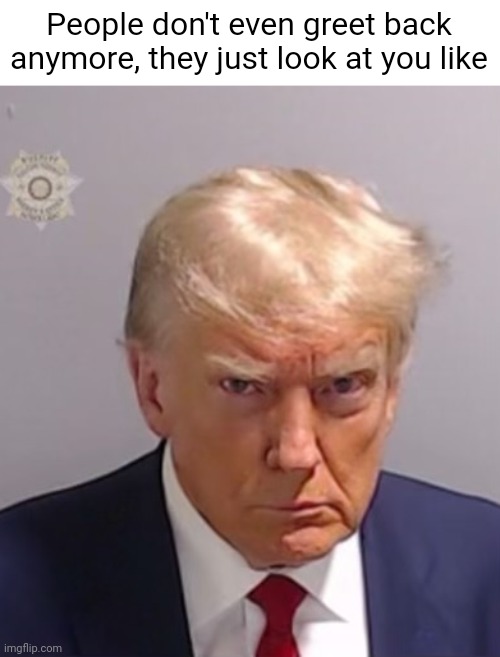 Donald Trump Mugshot | People don't even greet back anymore, they just look at you like | image tagged in donald trump mugshot | made w/ Imgflip meme maker