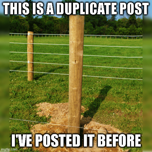 Post | THIS IS A DUPLICATE POST; I'VE POSTED IT BEFORE | image tagged in fence post | made w/ Imgflip meme maker
