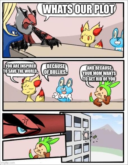 Pokemon board meeting | WHATS OUR PLOT YOU ARE INSPIRED TO SAVE THE WORLD.. BECAUSE OF BULLIES.. AND BECAUSE YOUR MOM WANTS TO GET RID OF YOU | image tagged in pokemon board meeting | made w/ Imgflip meme maker