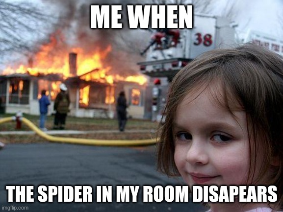 Disaster Girl Meme | ME WHEN; THE SPIDER IN MY ROOM DISAPEARS | image tagged in memes,disaster girl | made w/ Imgflip meme maker