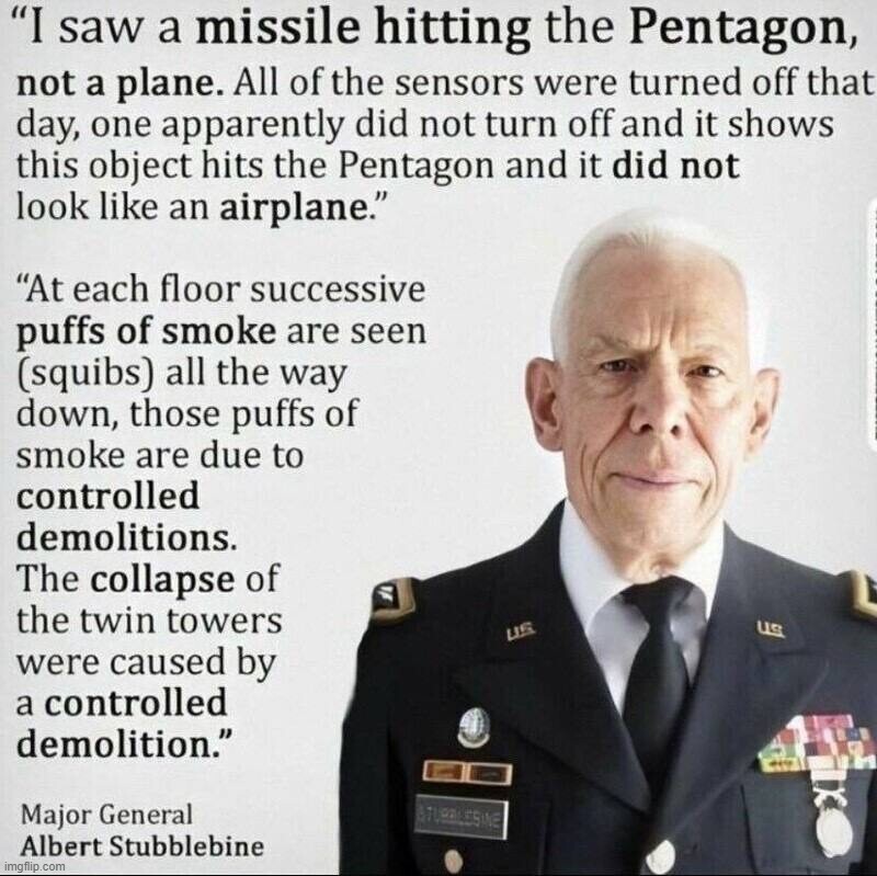 U.S. Army Major General Saw a Missile Hit the Pentagon | image tagged in 9/11,psyop,false flag,9/11 truth movement,911 9/11 twin towers impact,9/11 was an inside job | made w/ Imgflip meme maker