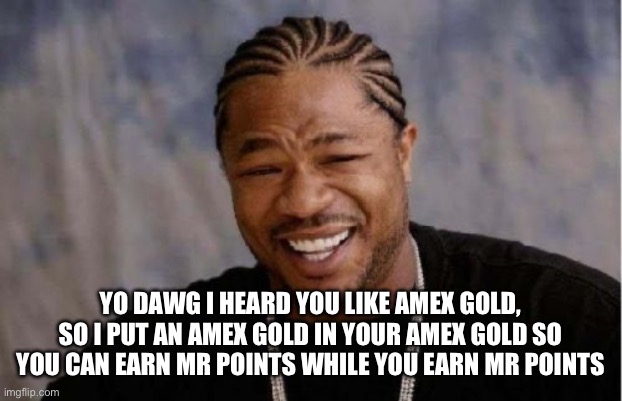 Yo Dawg Heard You Meme | YO DAWG I HEARD YOU LIKE AMEX GOLD, SO I PUT AN AMEX GOLD IN YOUR AMEX GOLD SO YOU CAN EARN MR POINTS WHILE YOU EARN MR POINTS | image tagged in memes,yo dawg heard you | made w/ Imgflip meme maker