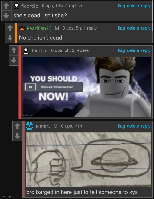 least insane conversation in bossfights (note that floortile has never posted or commented there before) | made w/ Imgflip meme maker