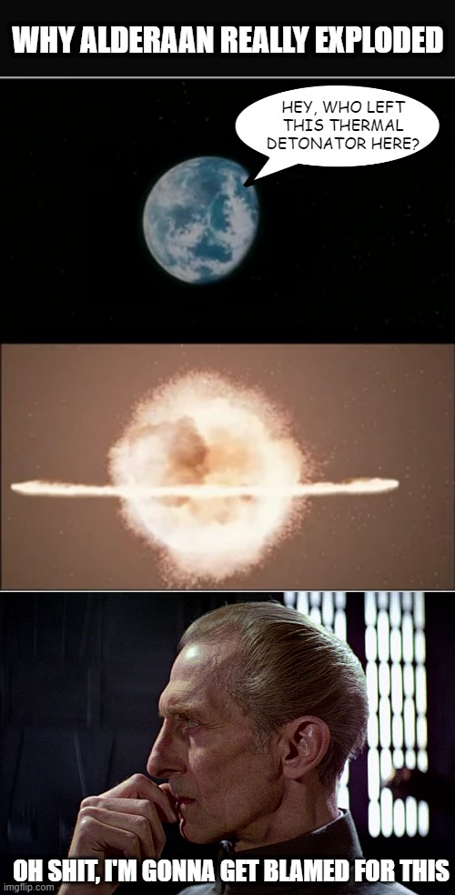 Goodbye Alderaan | WHY ALDERAAN REALLY EXPLODED; HEY, WHO LEFT THIS THERMAL DETONATOR HERE? OH SHIT, I'M GONNA GET BLAMED FOR THIS | image tagged in tarkin death star | made w/ Imgflip meme maker