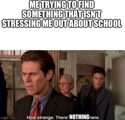 Yeah, this is a huge problem | ME TRYING TO FIND SOMETHING THAT ISN’T STRESSING ME OUT ABOUT SCHOOL; NOTHING | image tagged in how strange there's nobody here,memes,stress,school | made w/ Imgflip meme maker