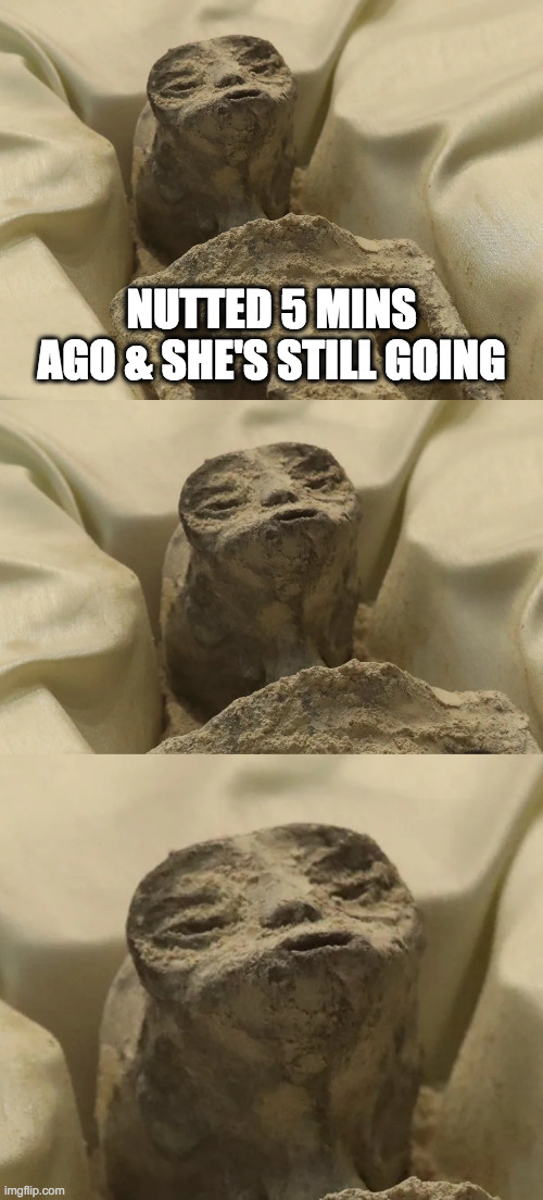 Nutting alien | NUTTED 5 MINS AGO & SHE'S STILL GOING | image tagged in mexican alien,alian,alien from mexico,alien reveal,ready for sleep,nutted | made w/ Imgflip meme maker