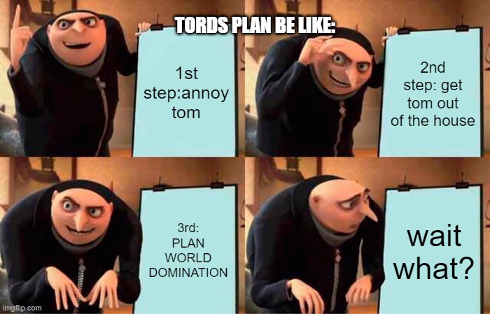 TORD | TORDS PLAN BE LIKE:; 1st step:annoy tom; 2nd step: get tom out of the house; 3rd: PLAN WORLD DOMINATION; wait what? | image tagged in memes,tord from eddsworlds plan,eddsworld,tord eddsworld | made w/ Imgflip meme maker