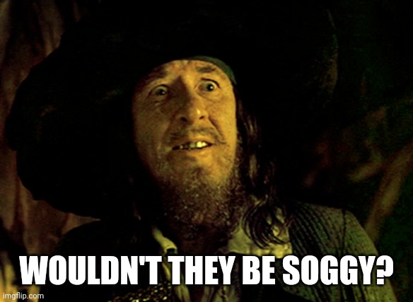 BARBOSSA SCARED | WOULDN'T THEY BE SOGGY? | image tagged in barbossa scared | made w/ Imgflip meme maker