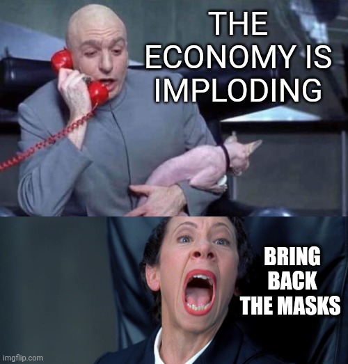Demon-crat default setting | THE ECONOMY IS IMPLODING; BRING BACK THE MASKS | image tagged in dr evil and frau | made w/ Imgflip meme maker