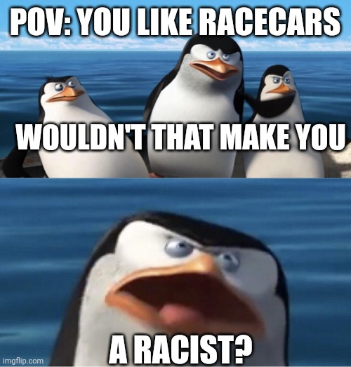 Racist | POV: YOU LIKE RACECARS; WOULDN'T THAT MAKE YOU; A RACIST? | image tagged in wouldn't that make you,racist | made w/ Imgflip meme maker