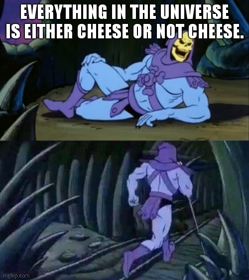 :trollface: | EVERYTHING IN THE UNIVERSE IS EITHER CHEESE OR NOT CHEESE. | image tagged in skeletor disturbing facts | made w/ Imgflip meme maker