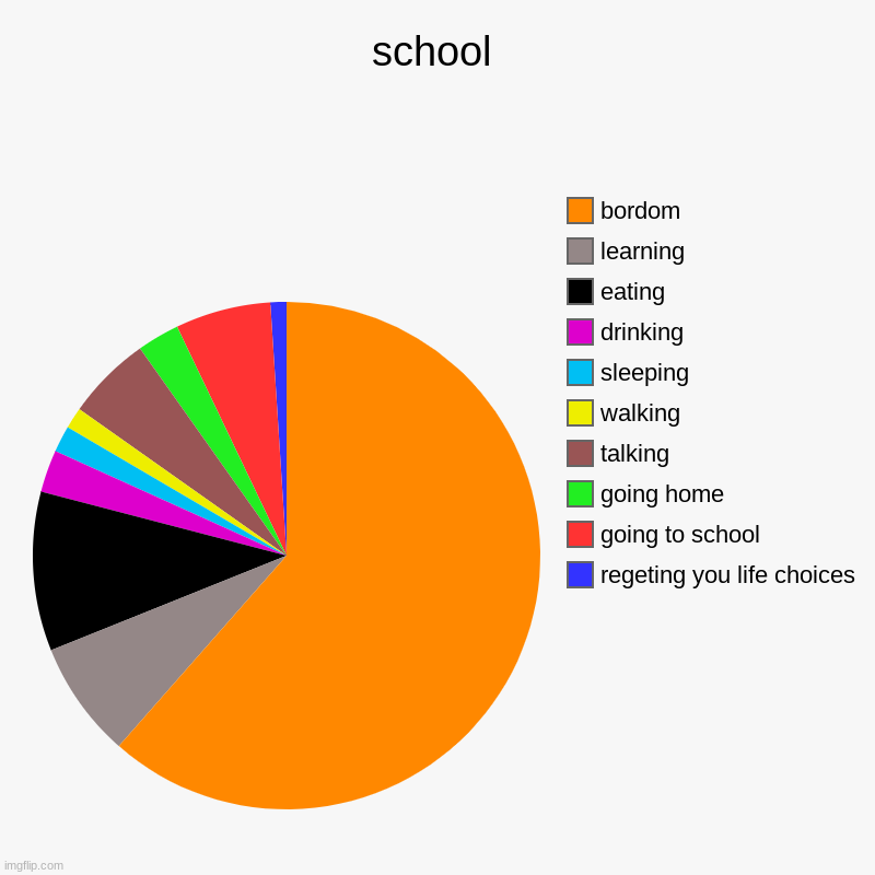 aaaaaaaaaaaaaaaaaaaaaaaaaaaaah | school | regeting you life choices, going to school, going home, talking, walking, sleeping, drinking , eating, learning, bordom | image tagged in charts,pie charts | made w/ Imgflip chart maker
