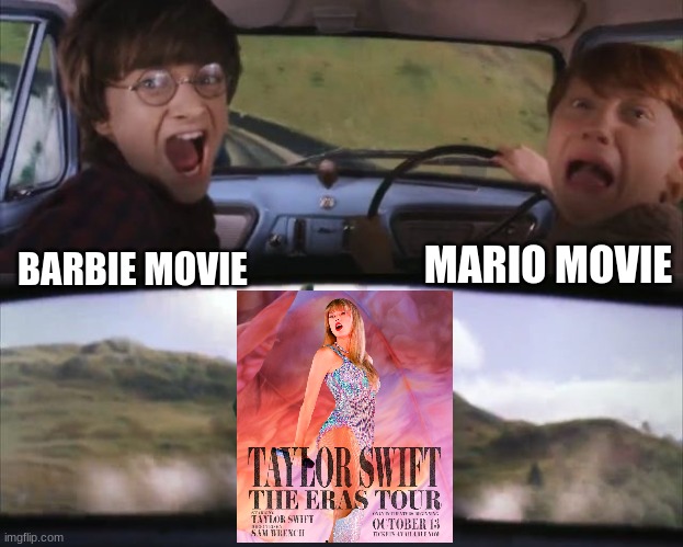 A Box Office Battle | MARIO MOVIE; BARBIE MOVIE | image tagged in tom chasing harry and ron weasly,taylor swift | made w/ Imgflip meme maker