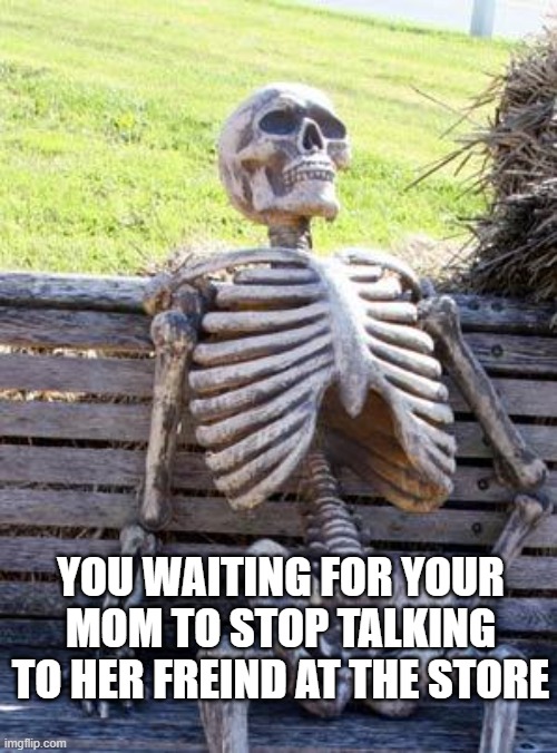 Waiting Skeleton | YOU WAITING FOR YOUR MOM TO STOP TALKING TO HER FREIND AT THE STORE | image tagged in memes,waiting skeleton | made w/ Imgflip meme maker