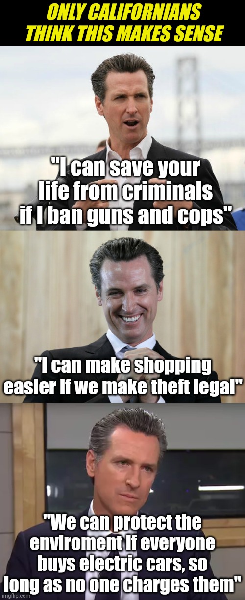 If this makes sense to you, you might be a Californian... | ONLY CALIFORNIANS THINK THIS MAKES SENSE; "I can save your life from criminals if I ban guns and cops"; "I can make shopping easier if we make theft legal"; "We can protect the enviroment if everyone buys electric cars, so long as no one charges them" | image tagged in gavin newsome,california,bad ideas,liberal logic,mixed messages,liberal hypocrisy | made w/ Imgflip meme maker