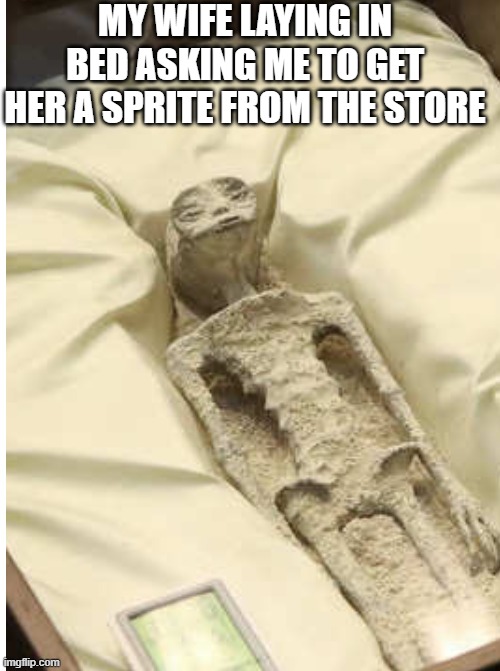 Alien Wife in bed | MY WIFE LAYING IN BED ASKING ME TO GET HER A SPRITE FROM THE STORE | image tagged in thirsty,aliens,sprite | made w/ Imgflip meme maker