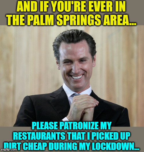 Scheming Gavin Newsom  | AND IF YOU'RE EVER IN THE PALM SPRINGS AREA... PLEASE PATRONIZE MY RESTAURANTS THAT I PICKED UP DIRT CHEAP DURING MY LOCKDOWN... | image tagged in scheming gavin newsom | made w/ Imgflip meme maker