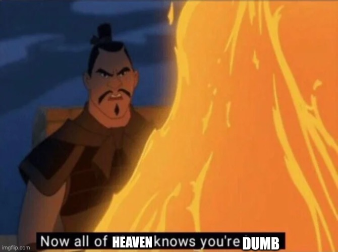 Now all of China knows you're here | DUMB HEAVEN | image tagged in now all of china knows you're here | made w/ Imgflip meme maker