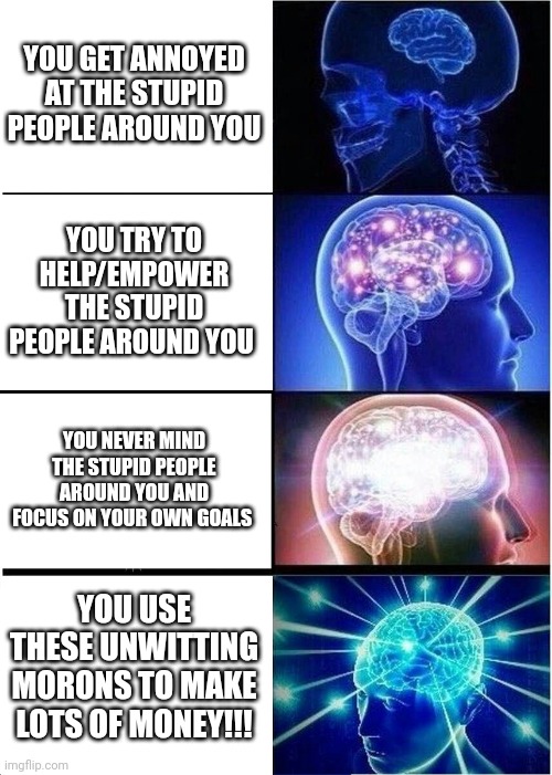 When you realize that you're surrounded by idiots... | YOU GET ANNOYED AT THE STUPID PEOPLE AROUND YOU; YOU TRY TO HELP/EMPOWER THE STUPID PEOPLE AROUND YOU; YOU NEVER MIND THE STUPID PEOPLE AROUND YOU AND FOCUS ON YOUR OWN GOALS; YOU USE THESE UNWITTING MORONS TO MAKE LOTS OF MONEY!!! | image tagged in memes,expanding brain | made w/ Imgflip meme maker