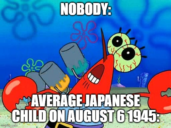 mom, look! -dies- | NOBODY:; AVERAGE JAPANESE CHILD ON AUGUST 6 1945: | image tagged in oww my dolphin noise foot | made w/ Imgflip meme maker