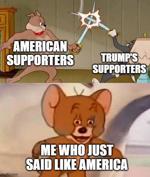 I'm asking you back when you just went back | AMERICAN SUPPORTERS; TRUMP'S SUPPORTERS; ME WHO JUST SAID LIKE AMERICA | image tagged in tom and jerry swordfight,memes | made w/ Imgflip meme maker