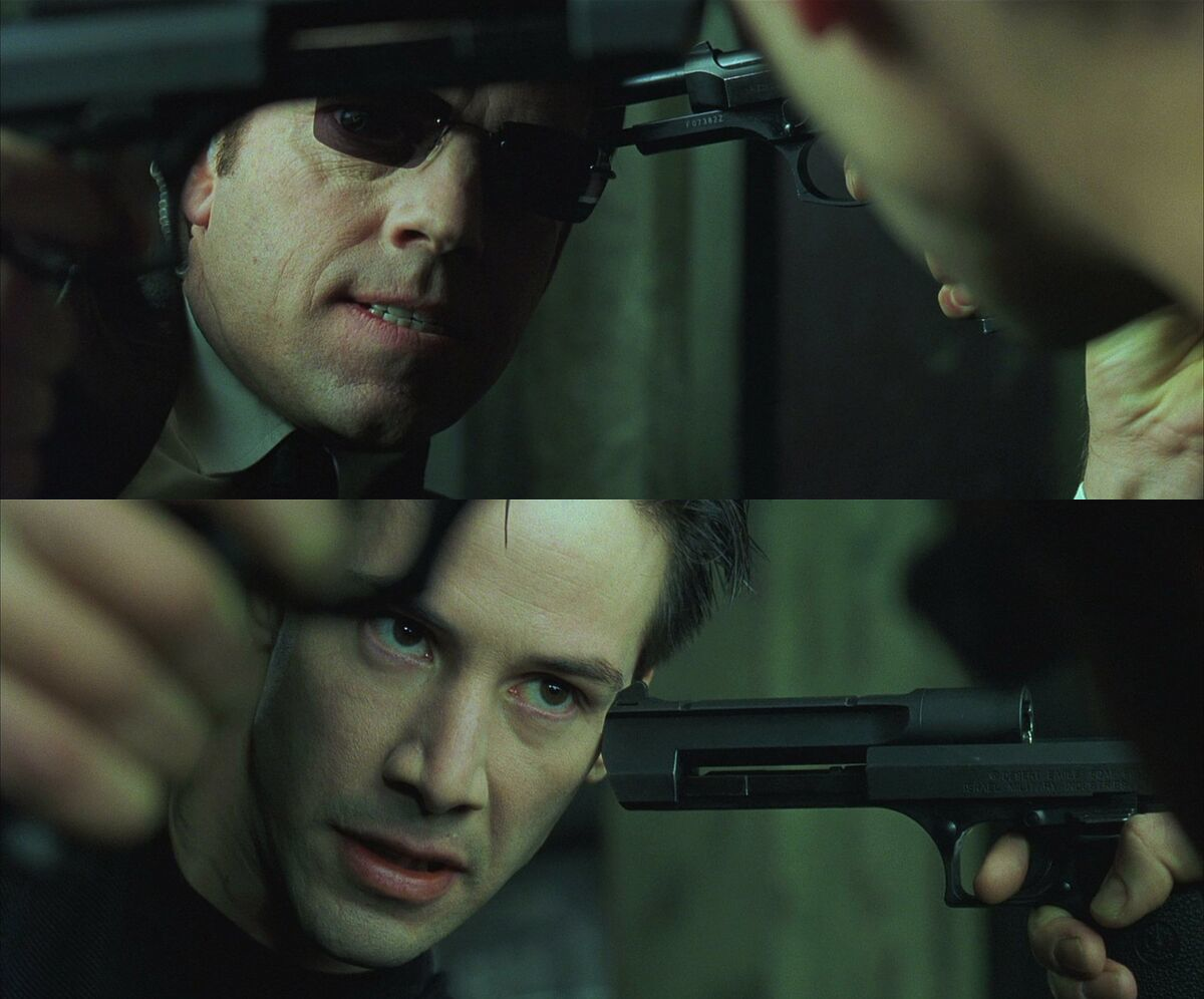 Matrix Neo Smith Hold Empty Pistol Blank Meme Template