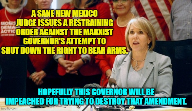 It's about freaking damn time! | A SANE NEW MEXICO JUDGE ISSUES A RESTRAINING ORDER AGAINST THE MARXIST GOVERNOR'S ATTEMPT TO SHUT DOWN THE RIGHT TO BEAR ARMS. HOPEFULLY THIS GOVERNOR WILL BE IMPEACHED FOR TRYING TO DESTROY THAT AMENDMENT. | image tagged in yep | made w/ Imgflip meme maker