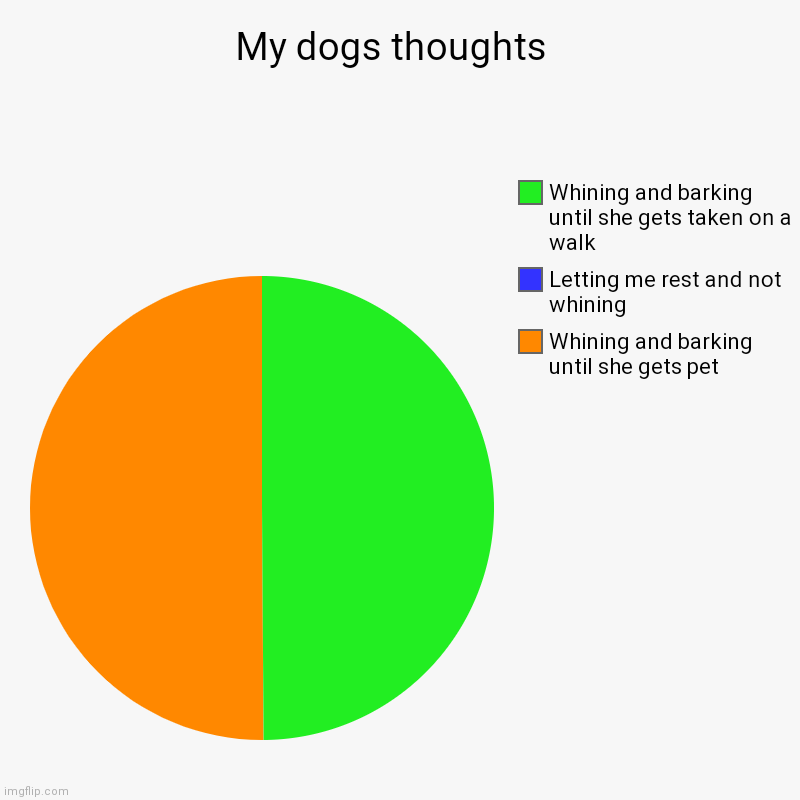 Why...WHYYYY | My dogs thoughts  | Whining and barking until she gets pet, Letting me rest and not whining , Whining and barking until she gets taken on a  | image tagged in charts,pie charts | made w/ Imgflip chart maker