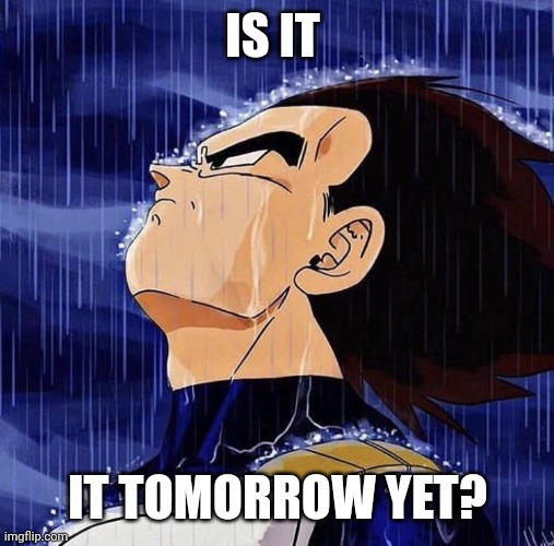 IS IT IT TOMORROW YET? | image tagged in vegeta in the rain | made w/ Imgflip meme maker