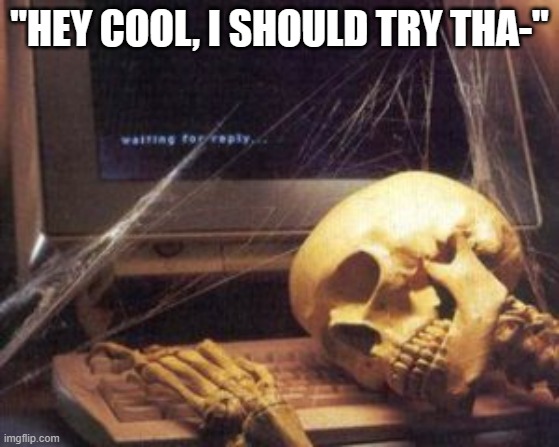 skeleton computer | "HEY COOL, I SHOULD TRY THA-" | image tagged in skeleton computer | made w/ Imgflip meme maker