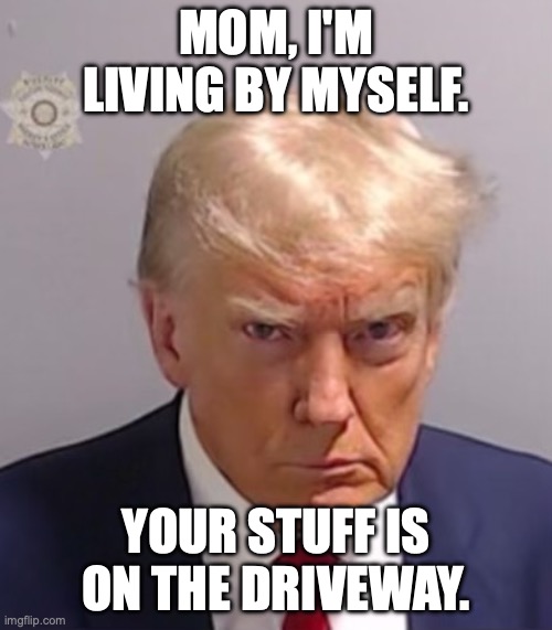 Come on, mom! | MOM, I'M LIVING BY MYSELF. YOUR STUFF IS ON THE DRIVEWAY. | image tagged in donald trump mugshot | made w/ Imgflip meme maker