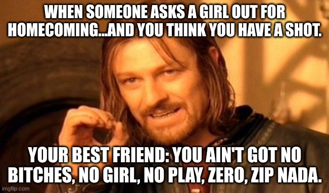 Is this being too honest for our generation??? | WHEN SOMEONE ASKS A GIRL OUT FOR HOMECOMING...AND YOU THINK YOU HAVE A SHOT. YOUR BEST FRIEND: YOU AIN'T GOT NO BITCHES, NO GIRL, NO PLAY, ZERO, ZIP NADA. | image tagged in memes,one does not simply | made w/ Imgflip meme maker