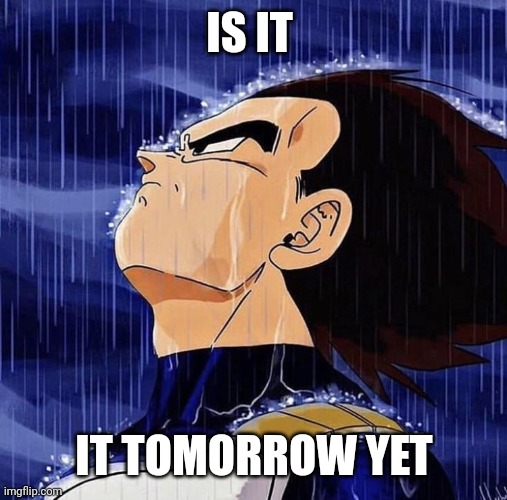 IS IT IT TOMORROW YET | image tagged in vegeta in the rain | made w/ Imgflip meme maker
