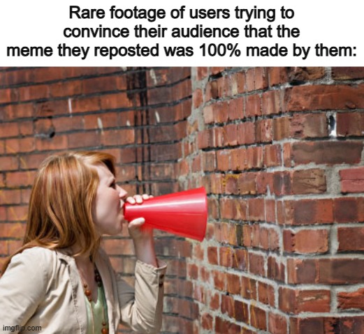 I don't want to point fingers, but SUPER TRUE | Rare footage of users trying to convince their audience that the meme they reposted was 100% made by them: | image tagged in like talking to a brick wall | made w/ Imgflip meme maker